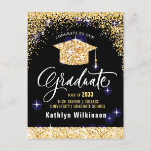 Elegant Calligraphy Gold Glitter Graduation Announcement Postcard