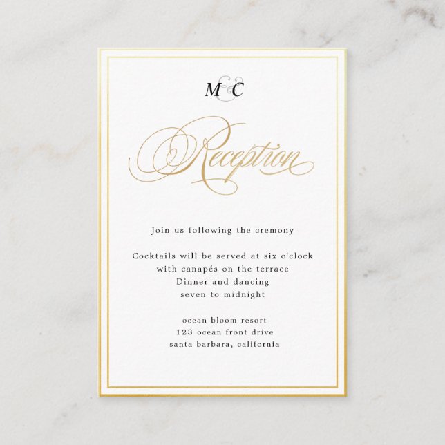 Elegant Calligraphy gold Reception Enclosure Card (Front)