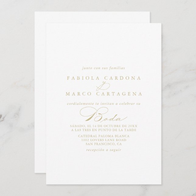 Elegant Calligraphy Gold Spanish Wedding  Invitation (Front/Back)