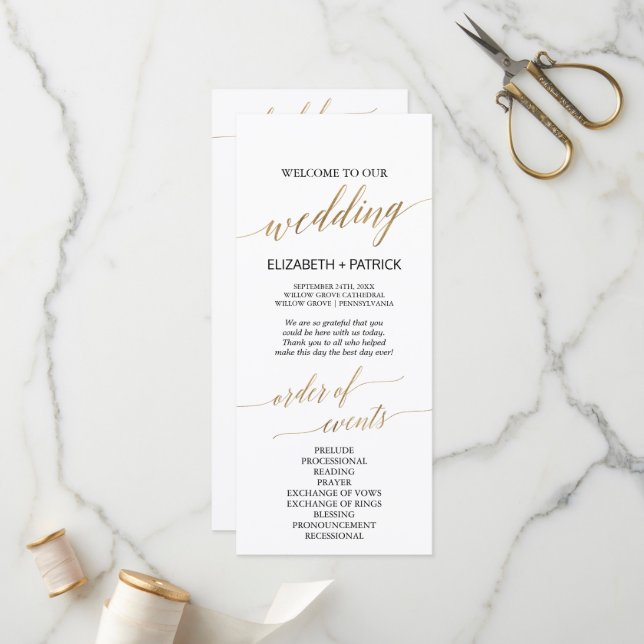 Elegant Calligraphy | Gold Wedding Order Of Events Program (Front/Back In Situ)