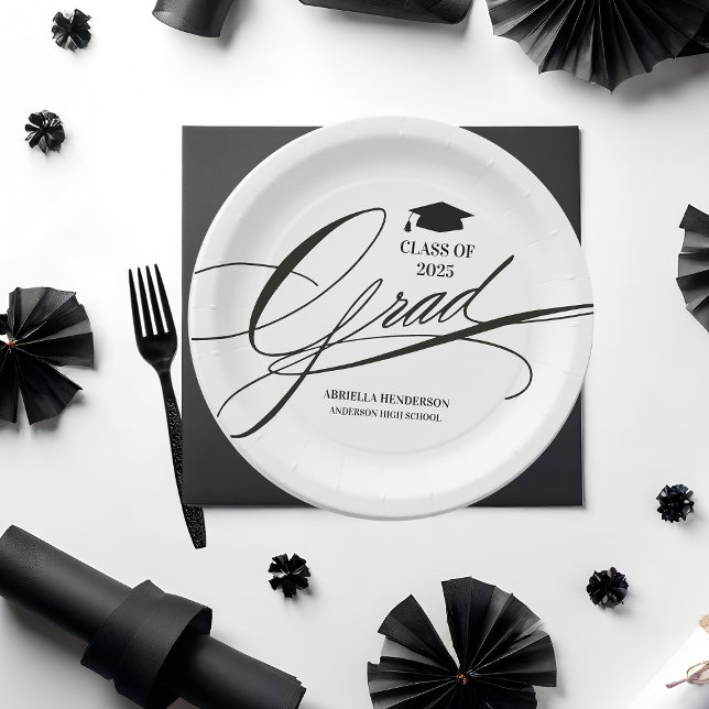 Elegant Calligraphy Grad  Paper Plate (Elegant Custom Graduation Paper Plates)