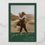 Elegant calligraphy green 2 photos save the date<br><div class="desc">Elegant script calligraphy simple 2 photos green and gold wedding save the date.</div>