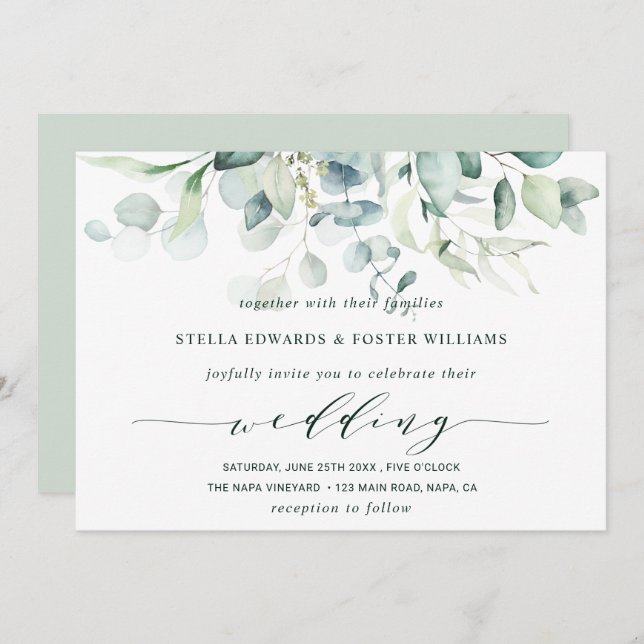 Elegant Calligraphy Green Foliage Wedding Invitation (Front/Back)
