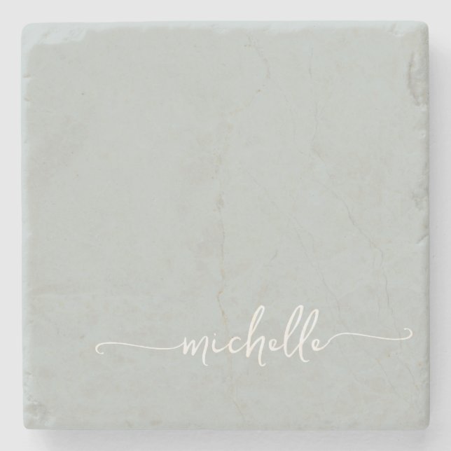 Elegant Calligraphy Green Monogram Name Script  Stone Coaster (Front)