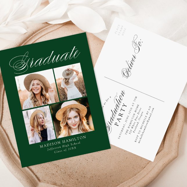 Elegant Calligraphy Green Photo Graduation Party Invitation Postcard (Creator Uploaded)