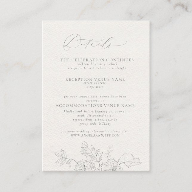 Elegant Calligraphy Grey Floral Watercolor Details Enclosure Card (Front)