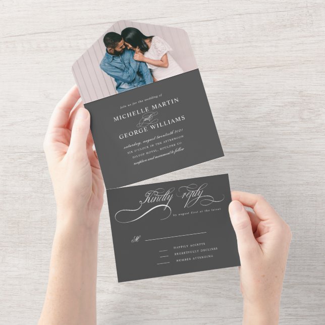 elegant calligraphy grey (no ENV needed) All In One Invitation (Tearaway)