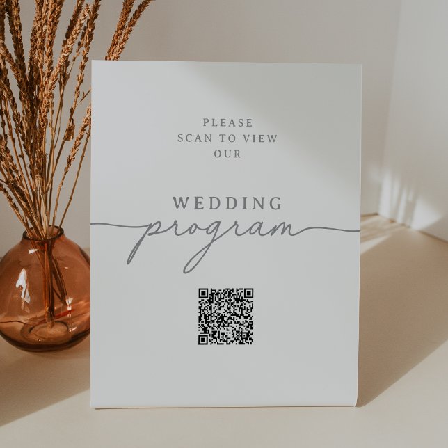 Elegant Calligraphy Grey QR Code Wedding Program Pedestal Sign (Creator Uploaded)