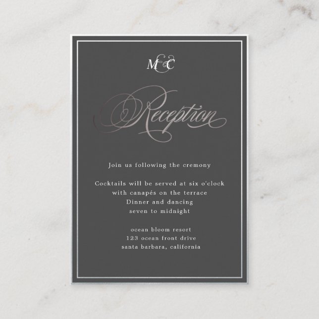 Elegant Calligraphy grey silver Reception Enclosure Card (Front)
