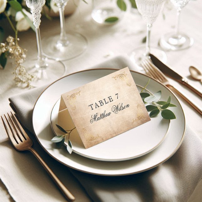 Elegant Calligraphy Guest Name Parchment Wedding Table Number (Elegant wedding place cards displaying your guest's name in calligraphy script on parchment.)