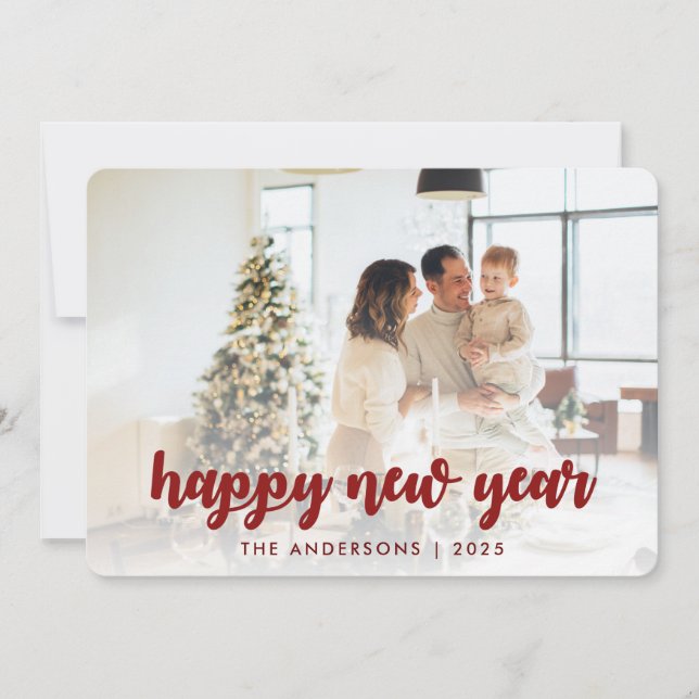 Elegant Calligraphy Happy New Year Family Photo Holiday Card (Front)