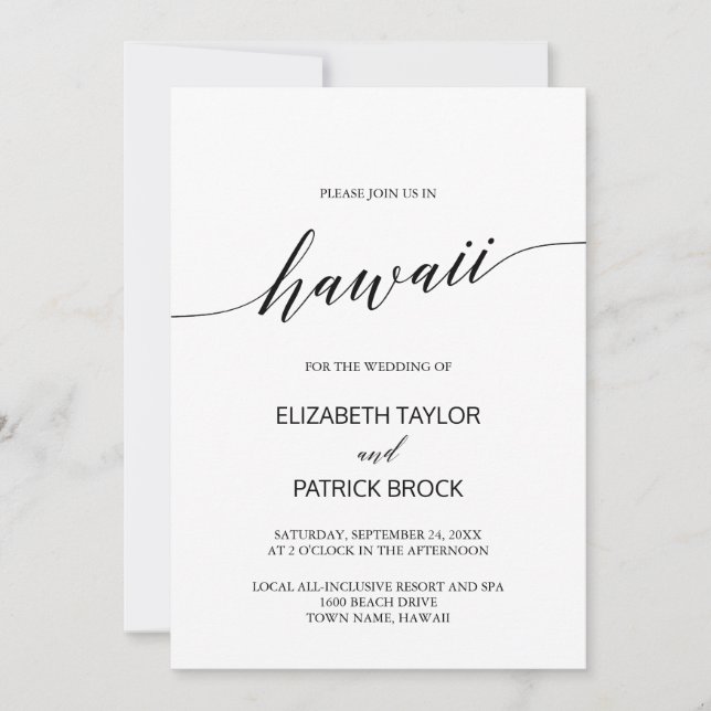 Elegant Calligraphy Hawaii Destination Wedding Invitation (Front)