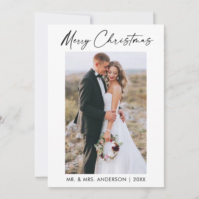 Elegant Calligraphy Ink Script Wedding Photo Holiday Card (Front)