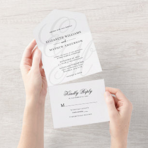 Elegant Calligraphy Ivory White Monogram Wedding All In One Invitation
