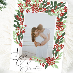 Elegant Calligraphy JOY Botanical Christmas Photo Holiday Card