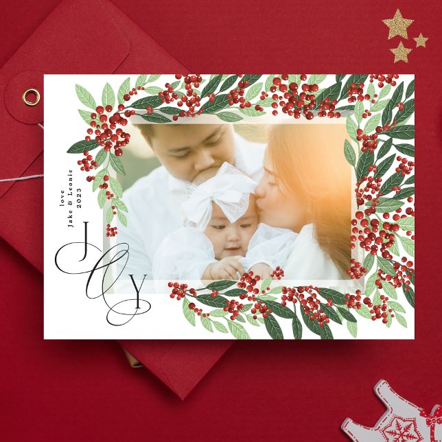 Elegant Calligraphy JOY Botanical Christmas Photo Holiday Card (Creator Uploaded)