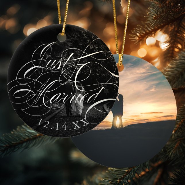 Elegant Calligraphy Just Married Wedding Photo Ceramic Ornament (Creator Uploaded)