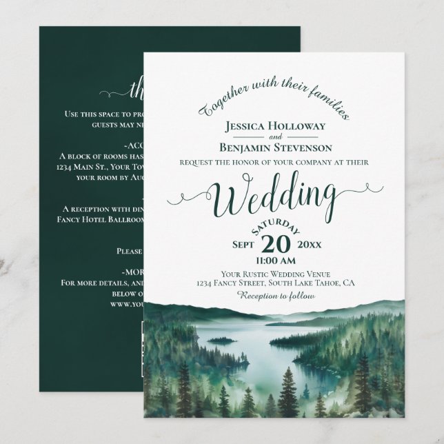 Elegant Calligraphy Lake Tahoe QR Code Wedding Invitation (Front/Back)
