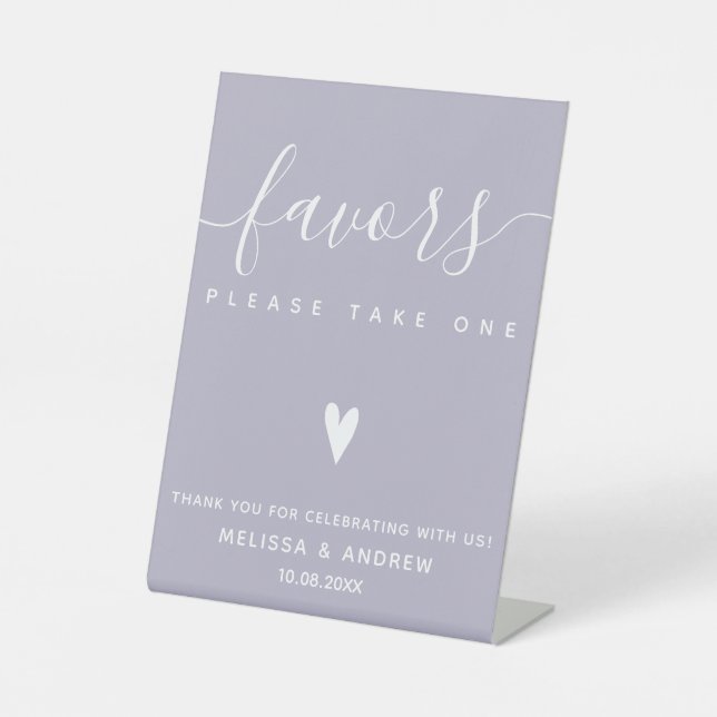 Elegant Calligraphy Lavender Wedding Favours Table Pedestal Sign (Front)