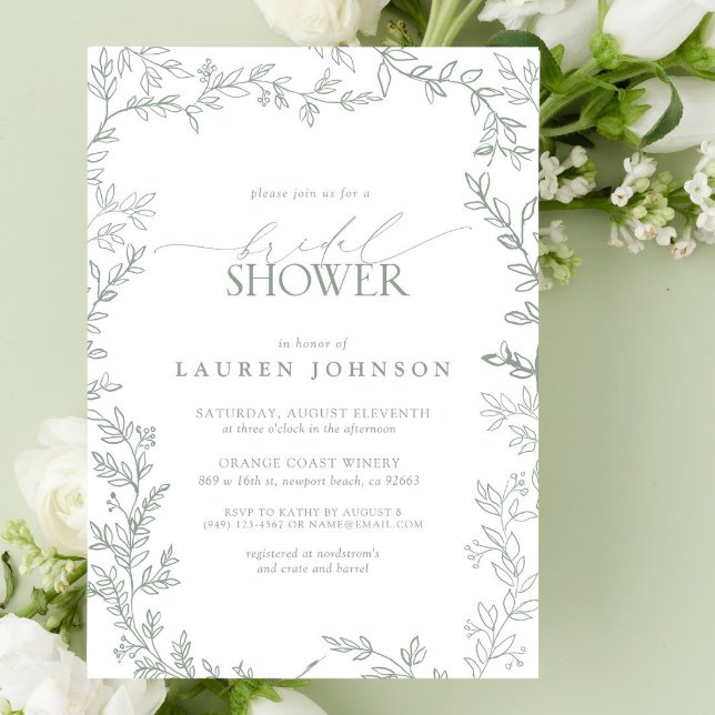 Elegant Calligraphy Leaf Sage Green Bridal Shower Invitation (Bridal Shower Invitation)