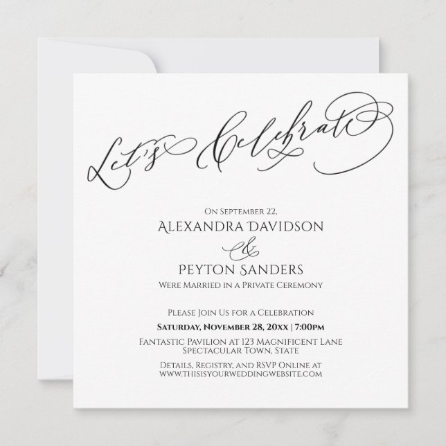 Elegant Calligraphy Let's Celebrate Black & White Invitation (Front)