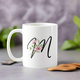 Elegant Calligraphy Letter "M" Girly Floral Coffee Mug