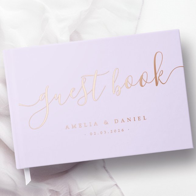 Elegant calligraphy light pastel purple wedding guest book (Elegant calligraphy light pastel purple wedding foil guest book)