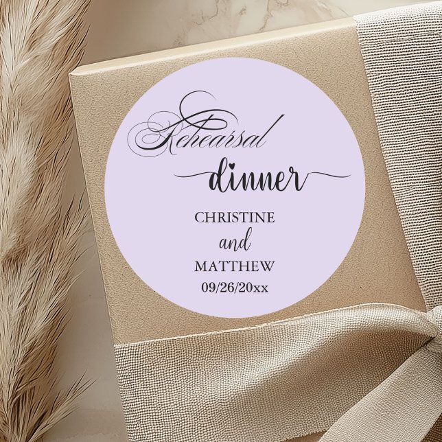 Elegant Calligraphy Light Purple Rehearsal Dinner Classic Round Sticker (Creator Uploaded)