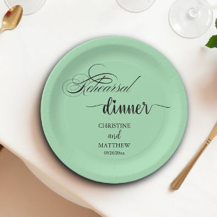 Elegant Calligraphy Light Teal Rehearsal Dinner Paper Plate