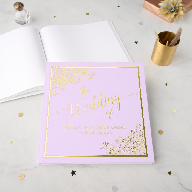 Elegant Calligraphy Lilac & Gold Foil Wedding Guest Book (Front Open)
