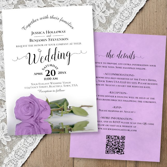 Elegant Calligraphy Lilac Rose QR Code Wedding Invitation (Front/Back)