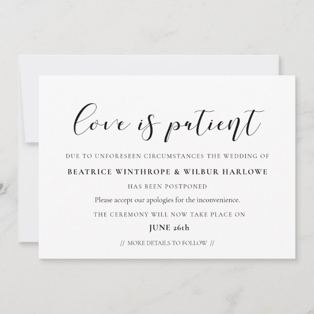 Elegant calligraphy Love is patient wedding date Invitation (Front)