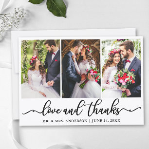 Elegant Calligraphy Love Thanks Wedding 3 Photo Thank You Card