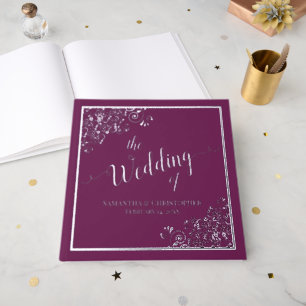Elegant Calligraphy Magenta & Silver Foil Wedding Guest Book