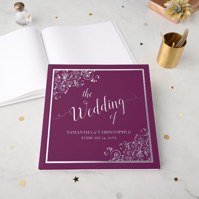 Elegant Calligraphy Magenta & Silver Foil Wedding Guest Book (Front Open)