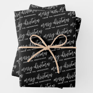 Elegant Calligraphy Merry Christmas Family Black Wrapping Paper Sheet