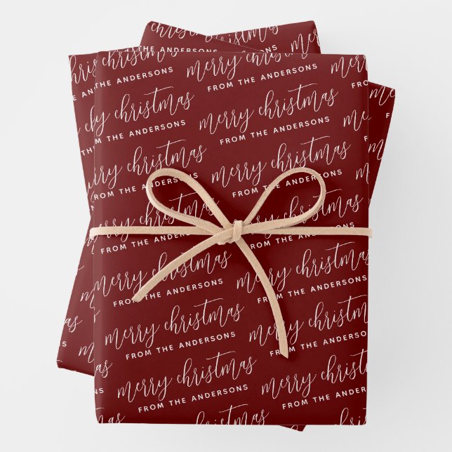 Elegant Calligraphy Merry Christmas Family Red Wrapping Paper Sheet (In situ)