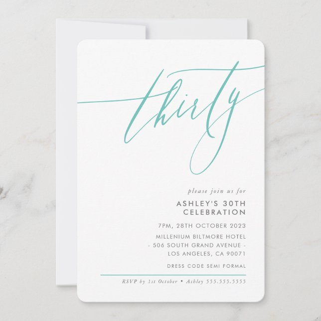 ELEGANT Calligraphy minimal 30th party mint Invitation (Front)