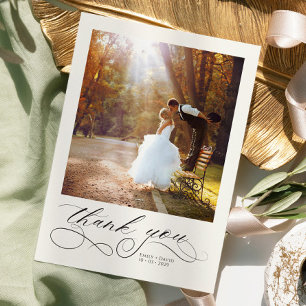 Elegant Calligraphy Modern Photos Wedding Thank You Card