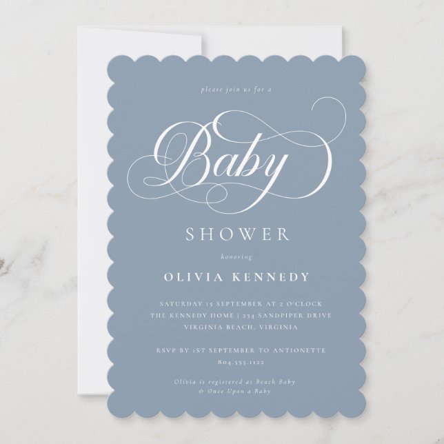 Elegant Calligraphy Modern Script Blue Baby Shower Invitation (Front)