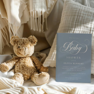 Elegant Calligraphy Modern Script Blue Baby Shower Invitation