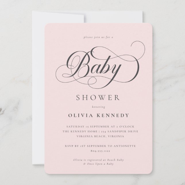 Elegant Calligraphy Modern Script Blue Baby Shower Invitation (Front)