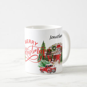 Elegant calligraphy monogram red and green Xmas Coffee Mug