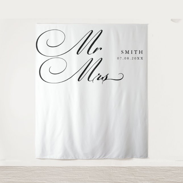 Elegant Calligraphy Mr & Mrs Wedding Backdrop Tapestry (Front)