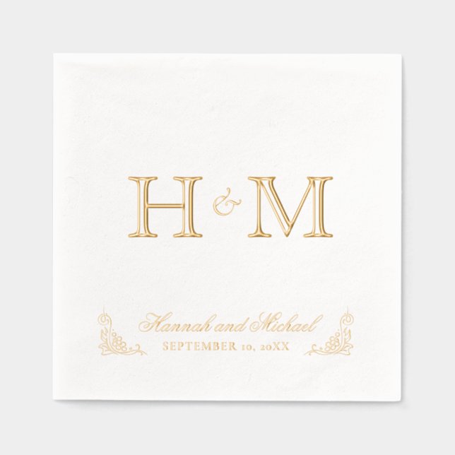 Elegant Calligraphy Name and Monogram Wedding Foil Napkins (Front)