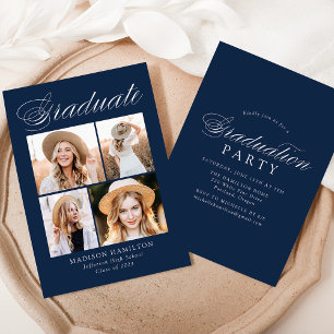 Elegant Calligraphy Navy 4 Photo Graduation Party Invitation