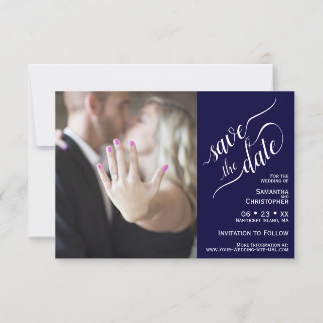 Elegant Calligraphy Navy Blue 2 Pane Photo Wedding Save The Date (Front)