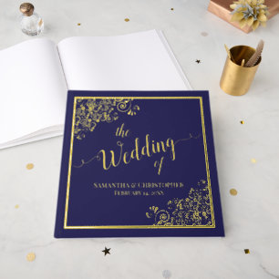 Elegant Calligraphy Navy Blue & Gold Foil Wedding Guest Book