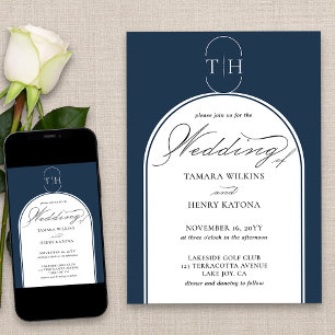 Elegant Calligraphy Navy Blue Monogrammed Wedding Invitation
