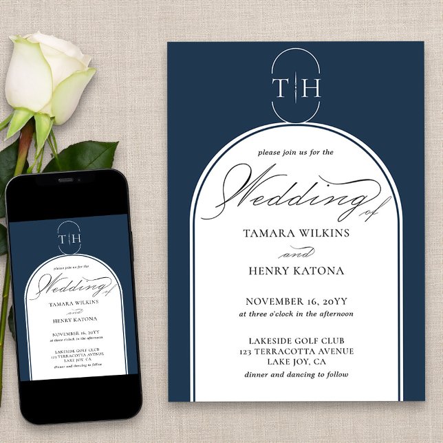 Elegant Calligraphy Navy Blue Monogrammed Wedding Invitation (Elegant monogrammed navy blue wedding invitation from my Wedding Colors collection)